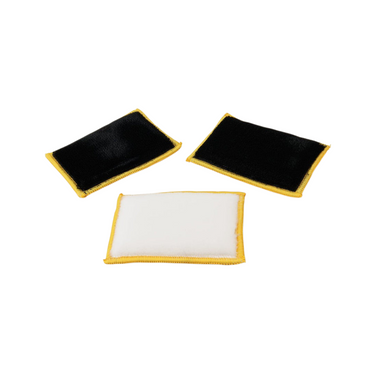 A 3 pack rectangular sponge with yellow trim threading. One side is white the other side is black on the sponge