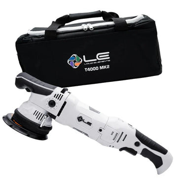 White and black Liquid Elements Polisher tool with black carrying case featuring LE logo on a white background