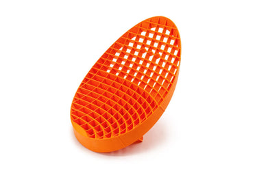 orange plastic grid-like object on a white background