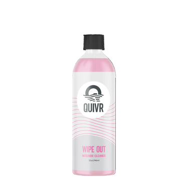 A 32 oz plastic bottle of Quivr Wipe Out Interior Cleaner in pink liquid with a black cap and white label, shown on a plain white background.