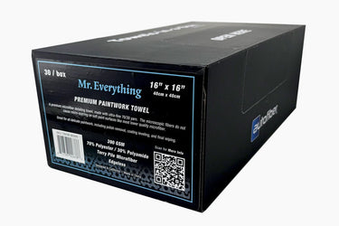 Black box packaging of blue Mr. Everything premium paintwork towel with product details on a white background