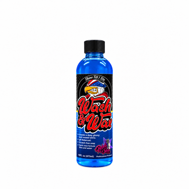 A 16 oz bottle of Wash & Wax car by Rebels of Shine, featuring a bright blue liquid, a black cap, and a black label with a red and yellow logo.