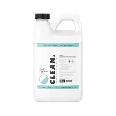 A white 1 gallon jug of Clean by Pan Panel Prep with baby blue label on a white background