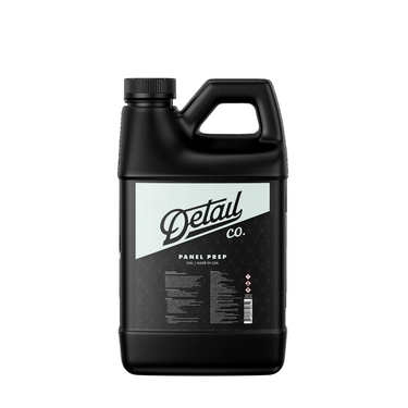 A black plastic gallon jug of Detail Co. Panel Prep 80% Isopropyl Alcohol on a clean white background.