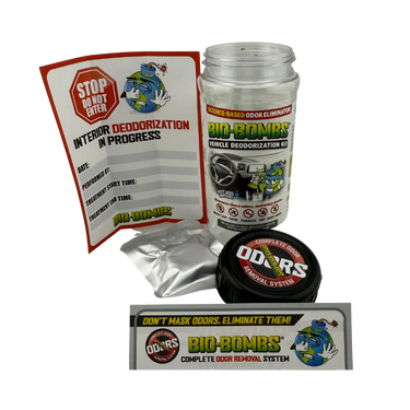 Bio-Bombs vehicle deodorization kit with packaging on a white background