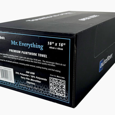 Black box packaging of blue Mr. Everything premium paintwork towel with product details on a white background