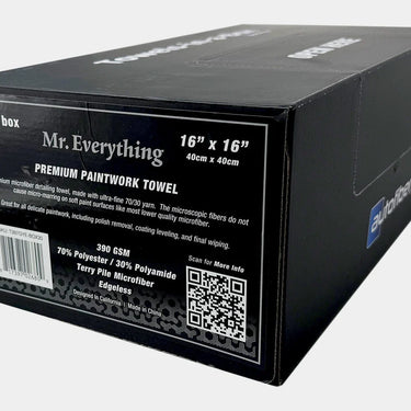 Black box packaging of grey Mr. Everything premium paintwork towel with product details on a white background