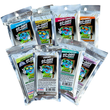 Multiple packages of Bio-Bombs air freshener bars on a white background